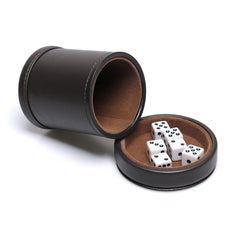 RERIVER dice cup with lid in dark chocolate PU leather for quiet gaming.