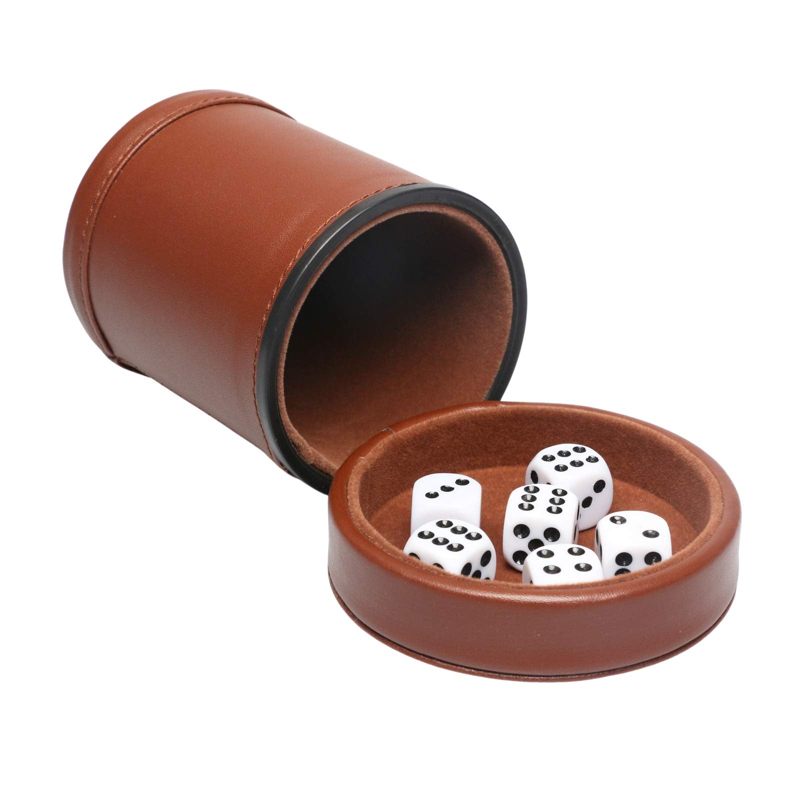 RERIVER PU leather dice cup exterior with lid in dark brown, noise-dampening interior.