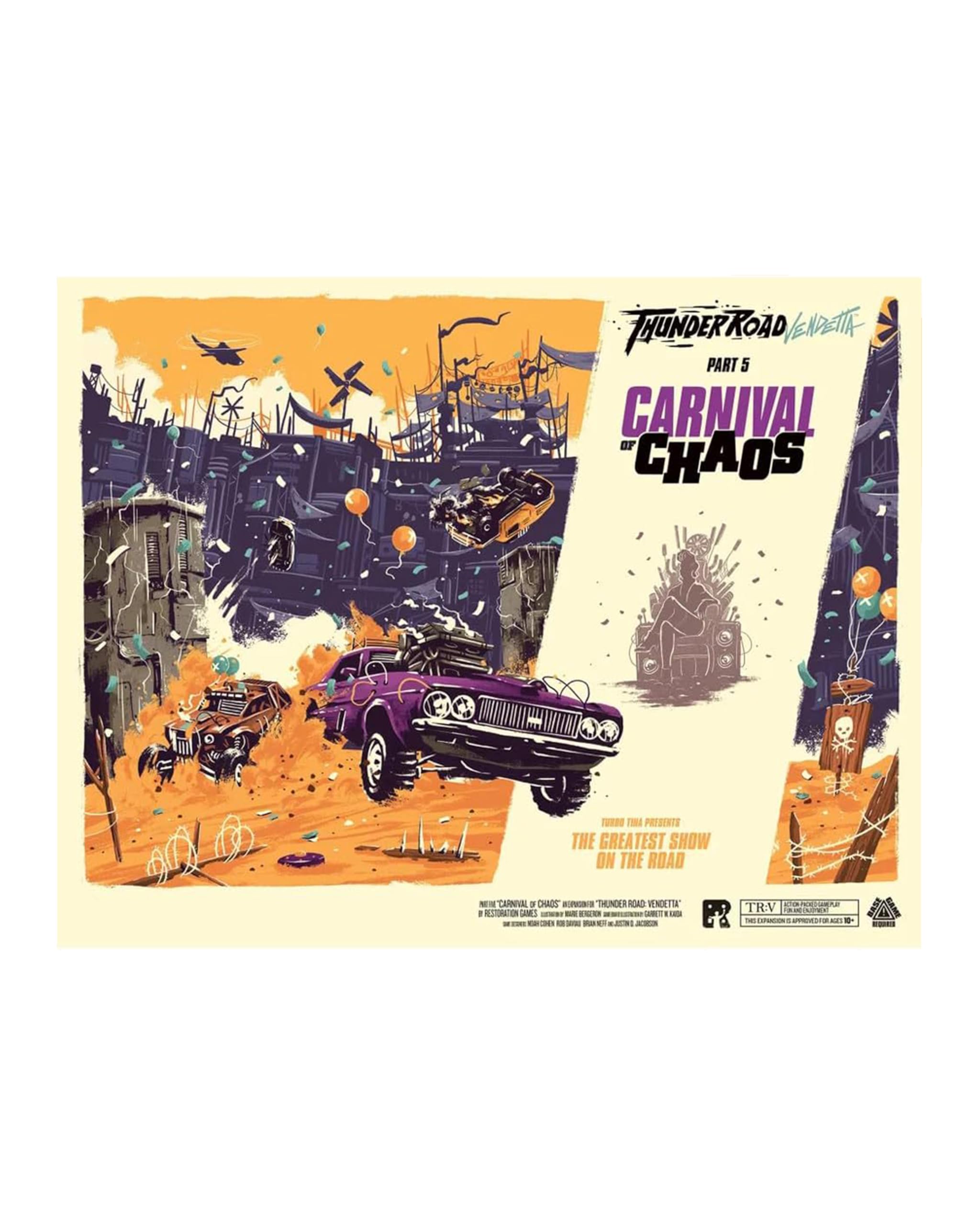 Restoration Games Thunder Road Vendetta Carnival of Chaos box front—expansion chaos teaser for players