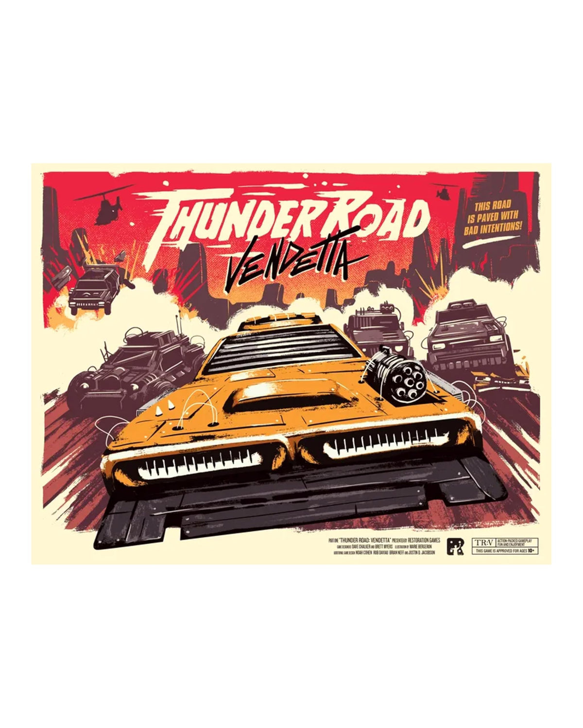 Restoration Games Thunder Road Vendetta cars minis racing on the track.