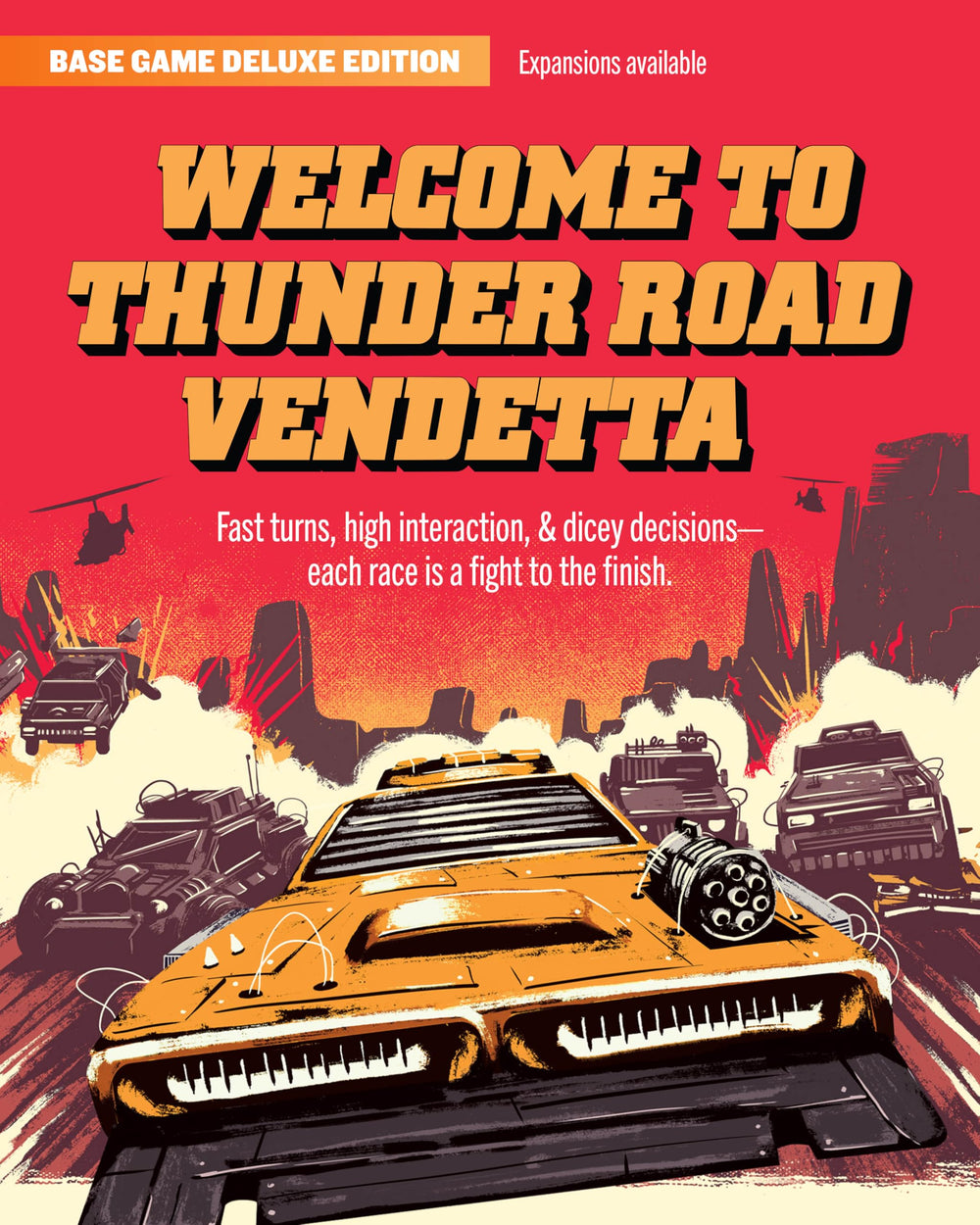 Restoration Games Thunder Road Vendetta choppers miniatures add cinematic wrecks.