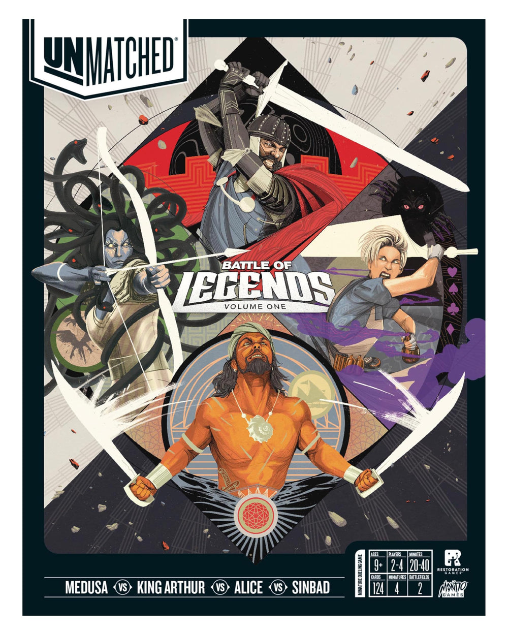 Restoration Games Unmatched Battle of Legends Vol 1 box contents ready for play.