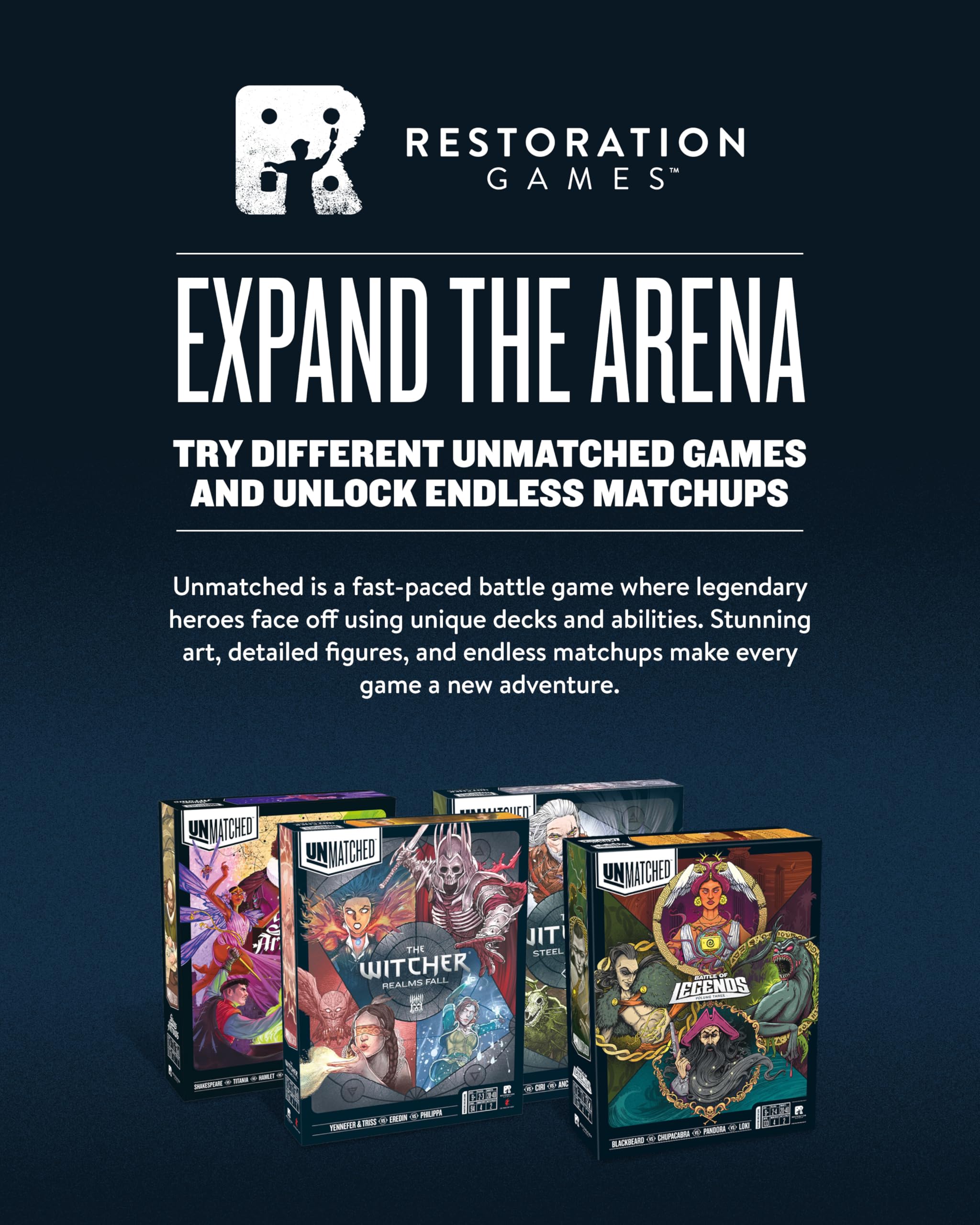 Restoration Games Unmatched box content ready for immediate setup.