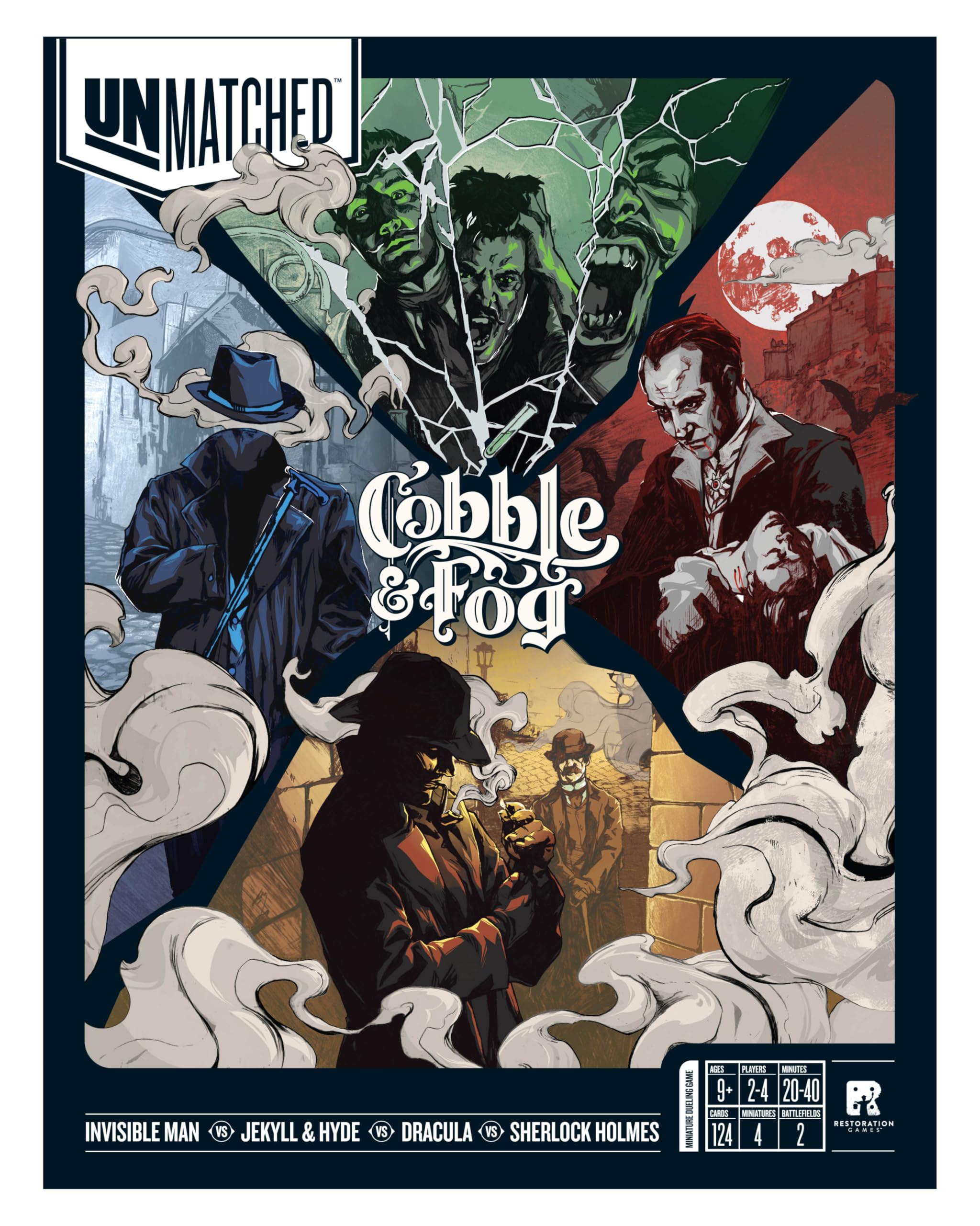 Restoration Games Unmatched Cobble & Fog Sherlock Holmes miniature on dramatic duel map for strategic play.