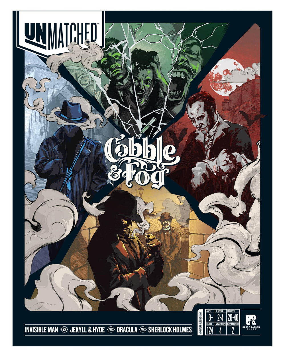 Restoration Games Unmatched Cobble & Fog Sherlock Holmes miniature on dramatic duel map for strategic play.