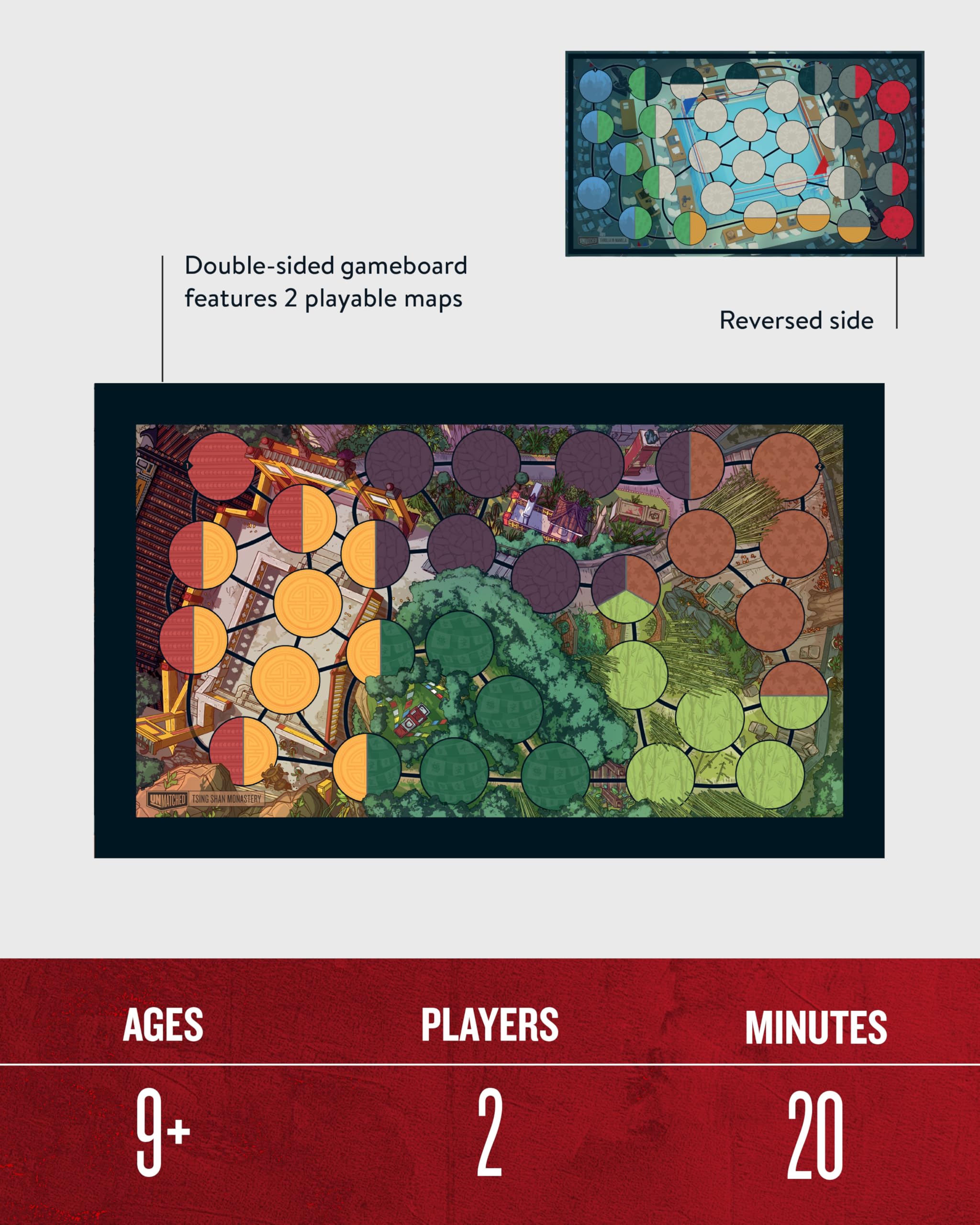 Restoration Games Unmatched double-sided battleboard for varied arenas.