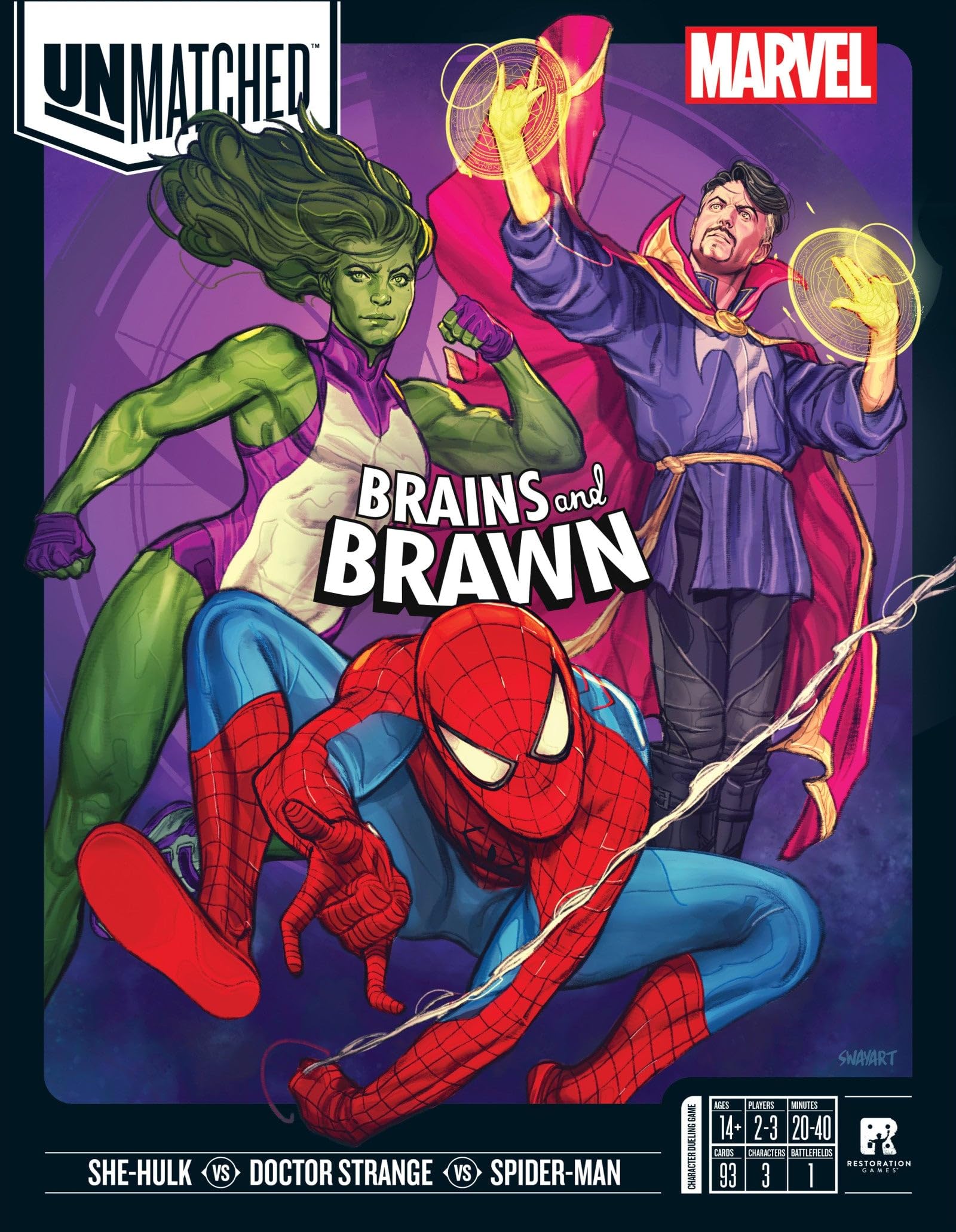 Restoration Games Unmatched Marvel Brains and Brawn box art for fast, tactical battles.