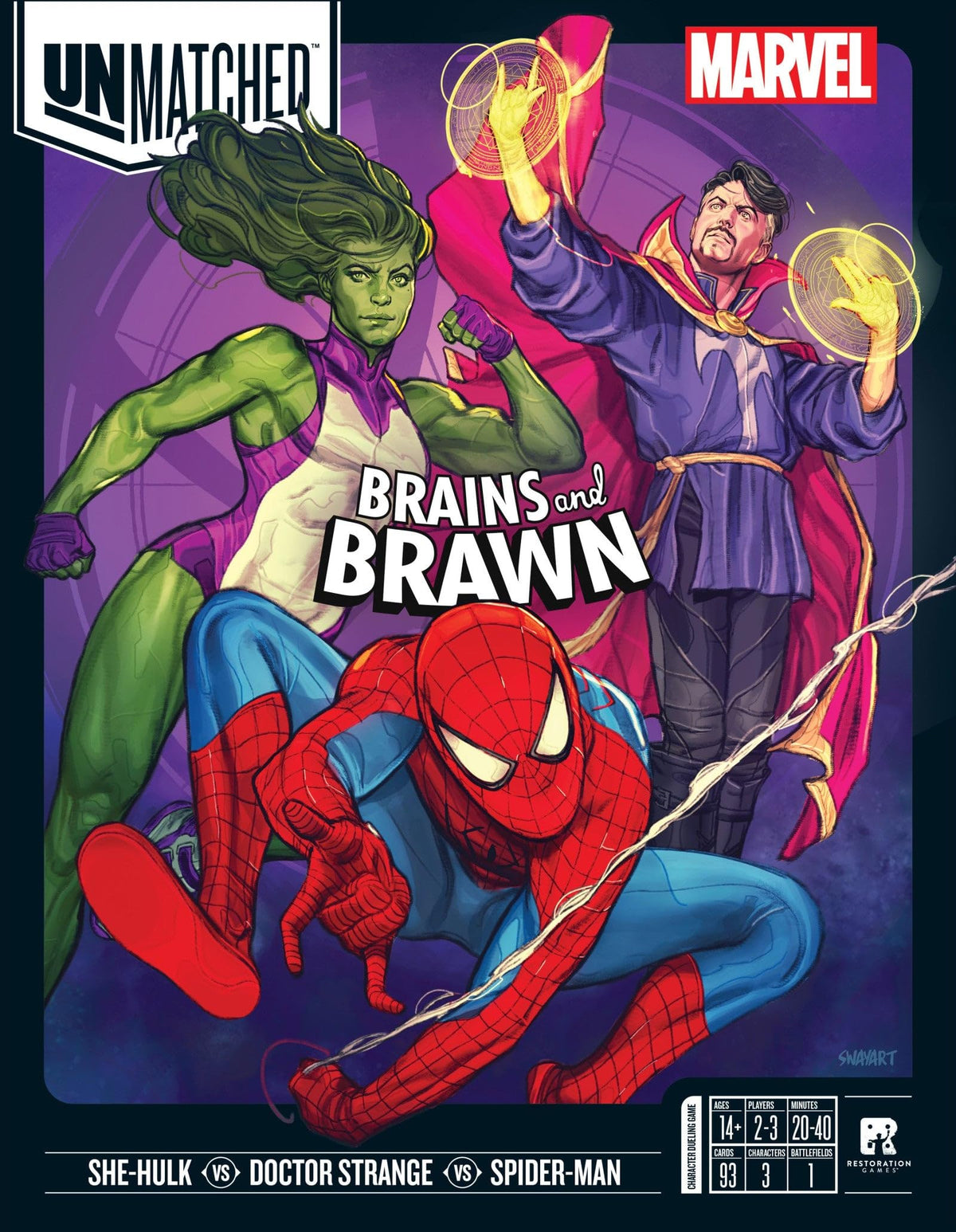 Restoration Games Unmatched Marvel Brains and Brawn box art for fast, tactical battles.