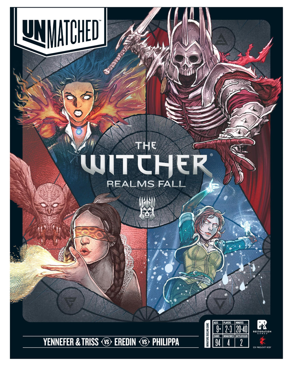 Restoration Games Unmatched Witcher Realms Fall box front, quick setup ready.