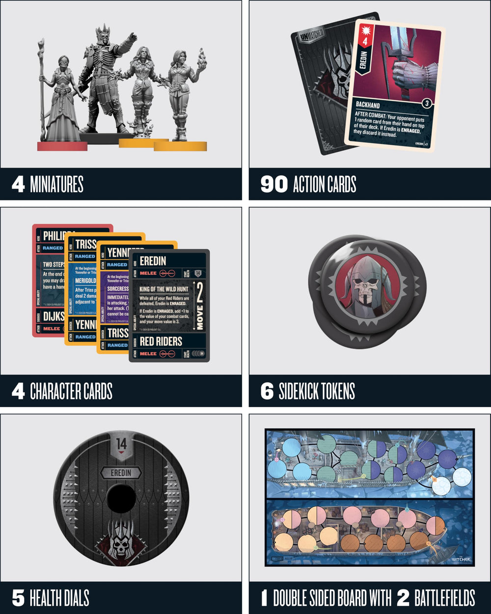 Restoration Games Unmatched Witcher Realms Fall decks and miniatures for head-to-head play.
