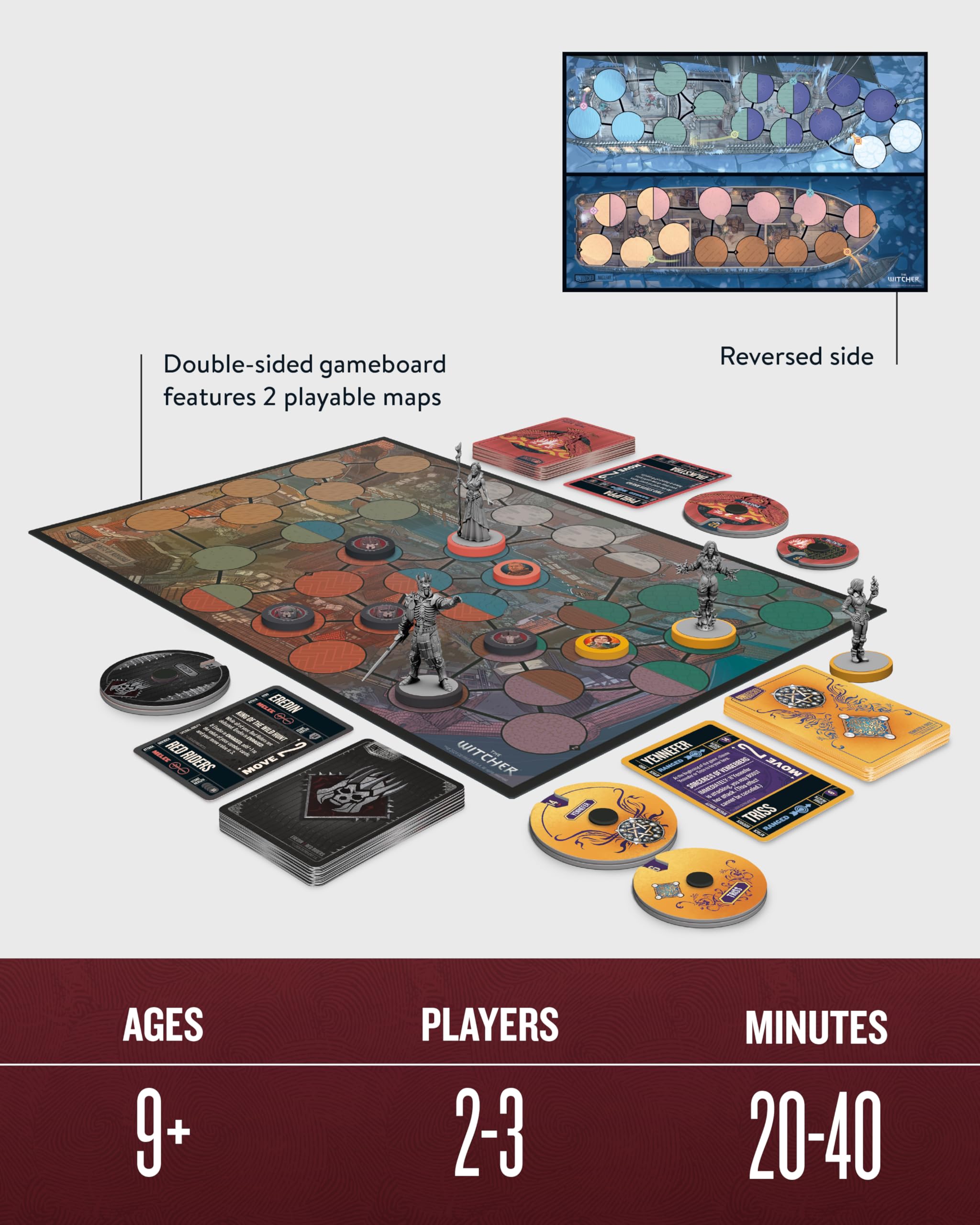 Restoration Games Unmatched Witcher Realms Fall Triss and Yennefer miniatures with 30-card decks.