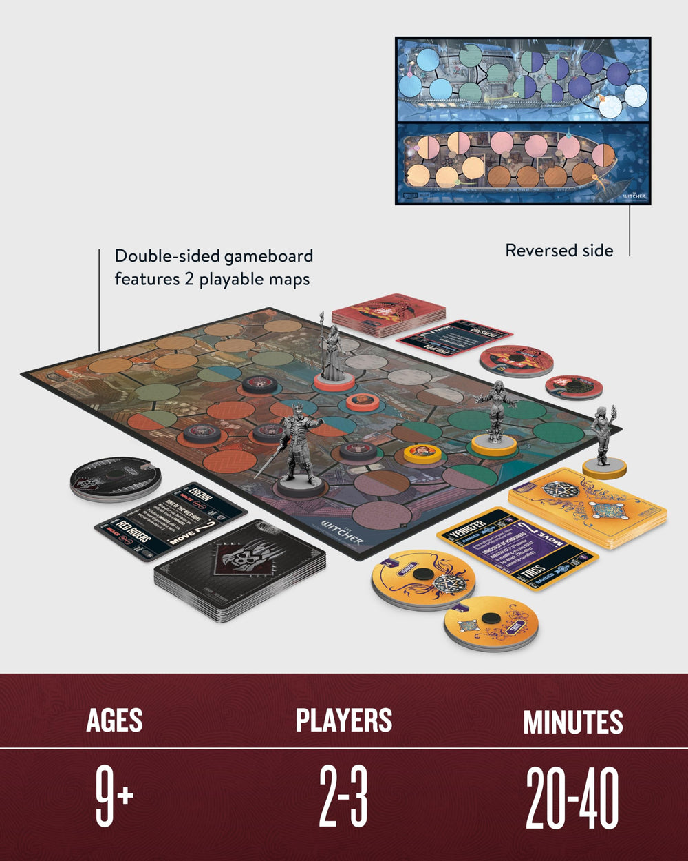 Restoration Games Unmatched Witcher Realms Fall Triss and Yennefer miniatures with 30-card decks.