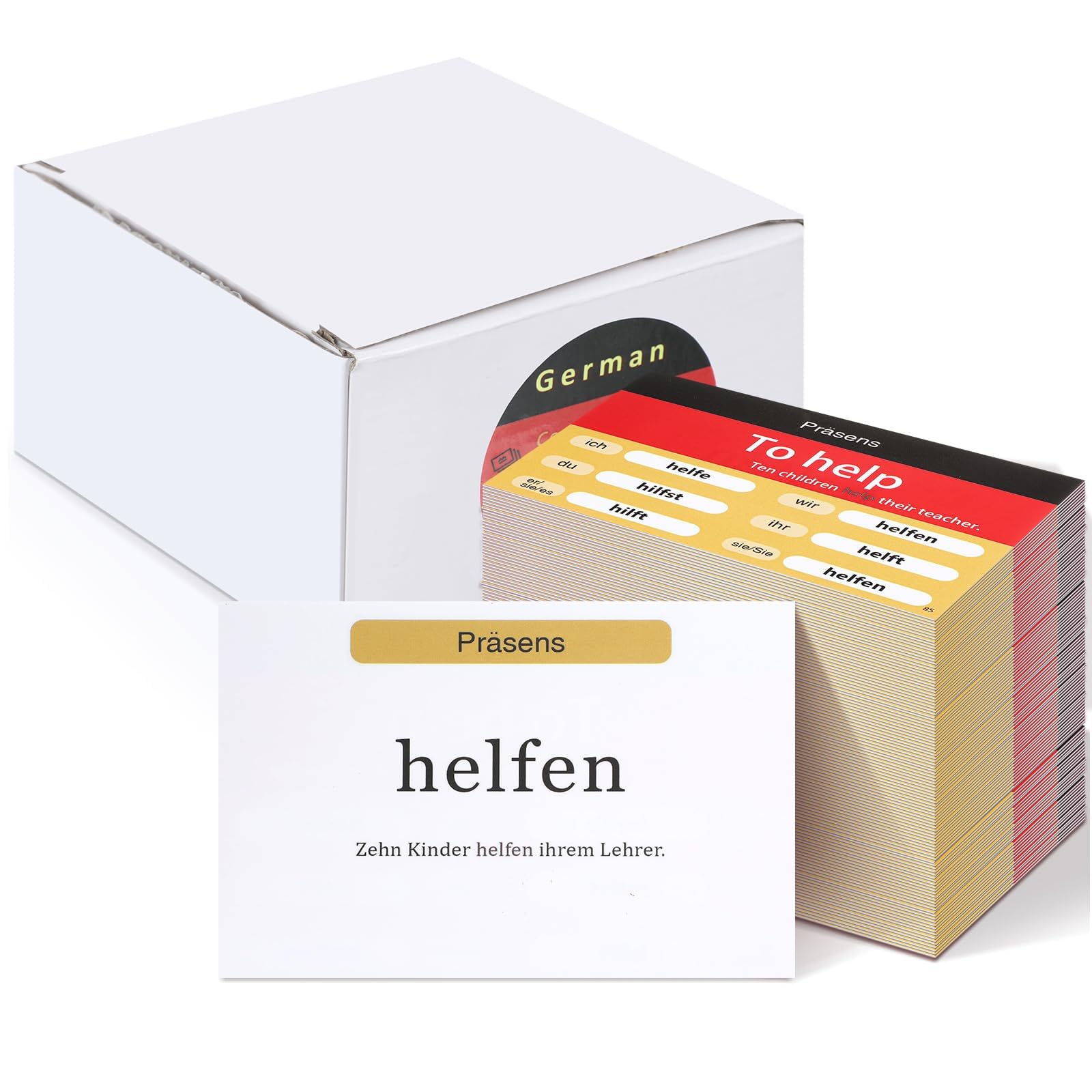 Resurhang German flashcards spread showing present tense conjugations for active practice