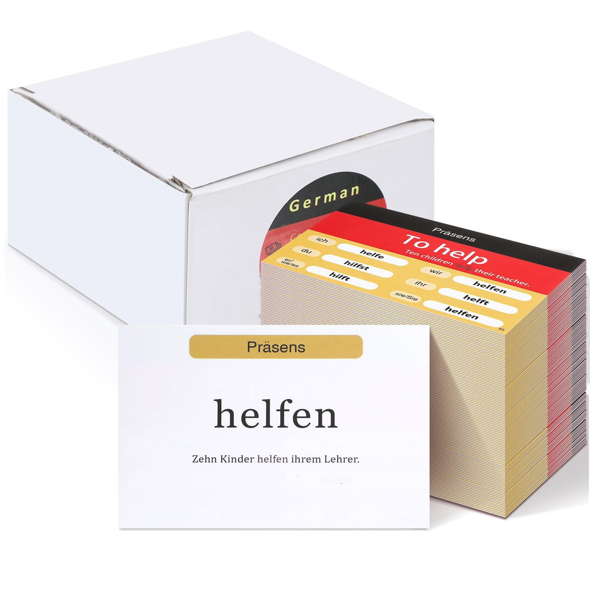 Resurhang German flashcards spread showing present tense conjugations for active practice