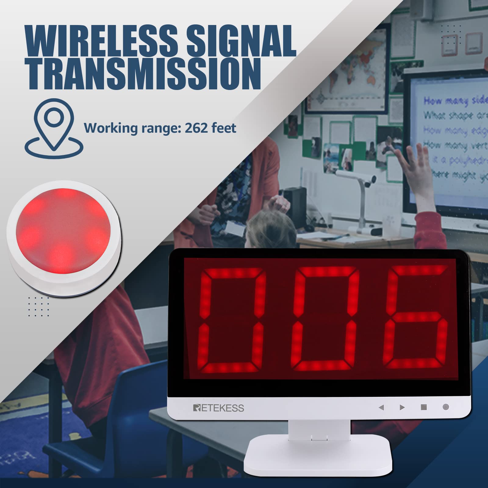 Retekess TM101 buzzer button top view shows quick signaling in play.