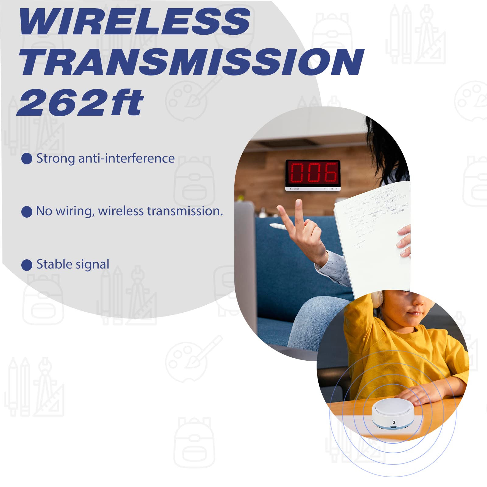 Wireless pairing control connects TM101 buzzers to the screen for easy setup.
