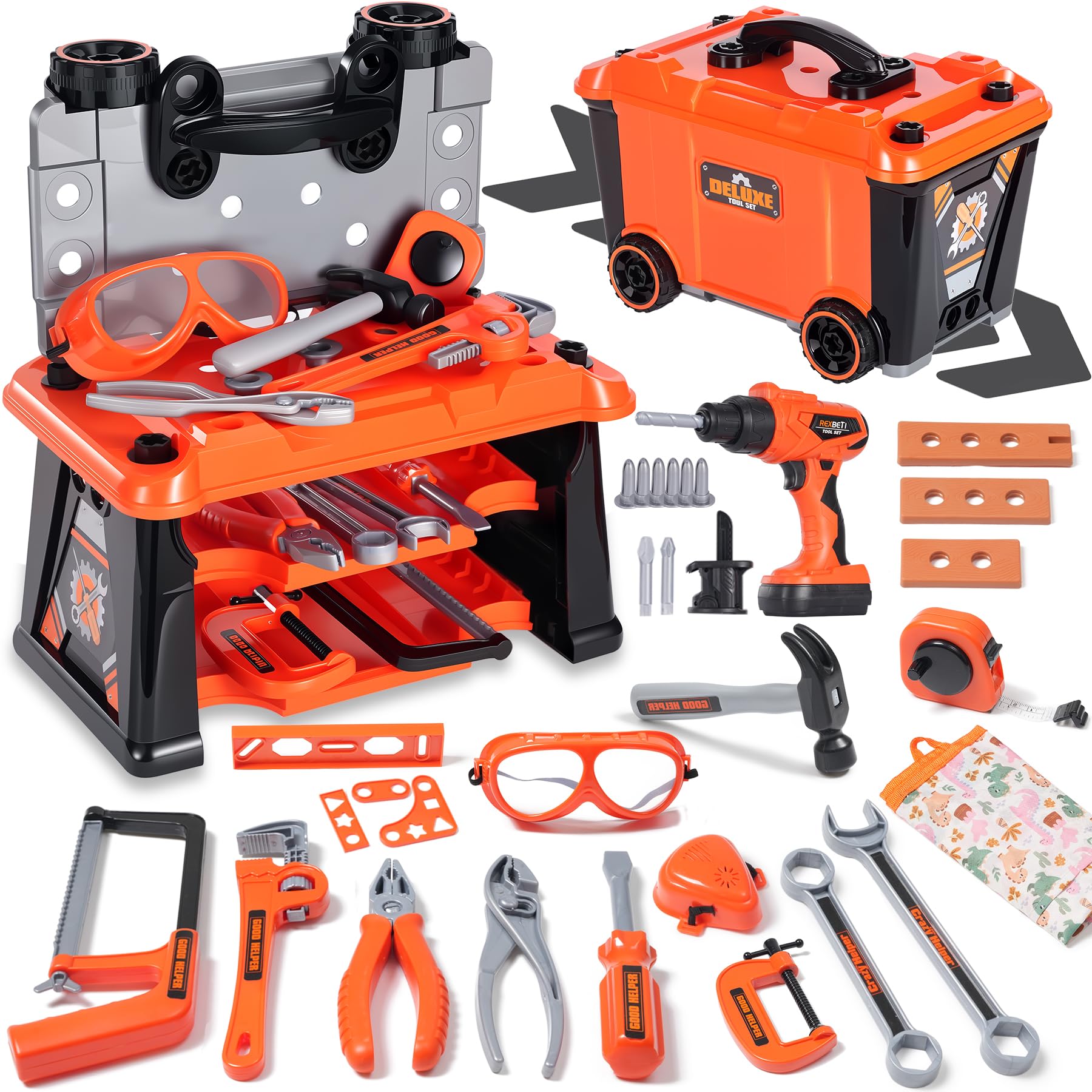REXBETI kids tool set with box and wheels for pretend play and organization