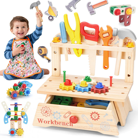 REXBETI wooden tool bench for kids offers safe pretend play and fine motor practice.