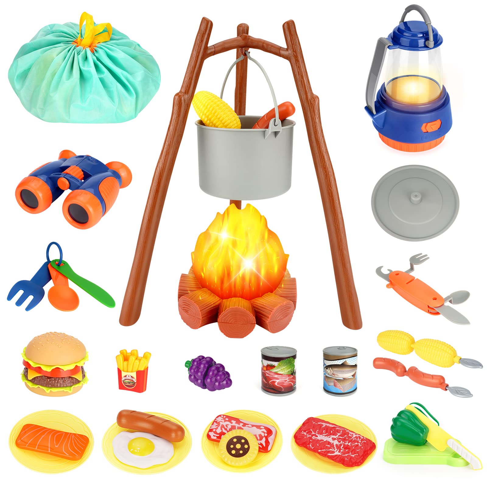 REZUCREY kids camping set with glowing campfire enhances imaginative pretend camping.
