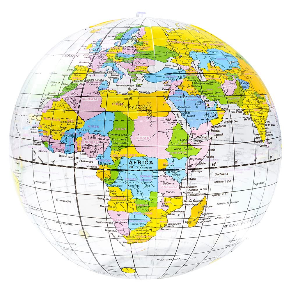 Rhode Island Novelty 16-inch clear inflatable globe for classroom geography activities.