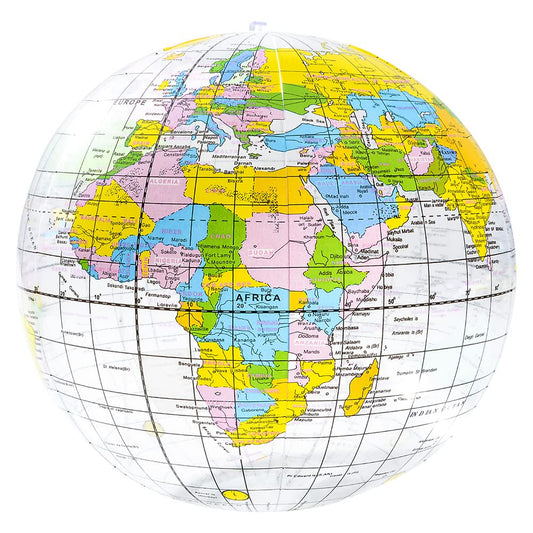 Rhode Island Novelty 16-inch clear inflatable globe for classroom geography activities.
