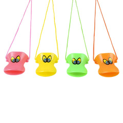 Close-up of Rhode Island Novelty rainbow duck call whistles with vibrant colors.