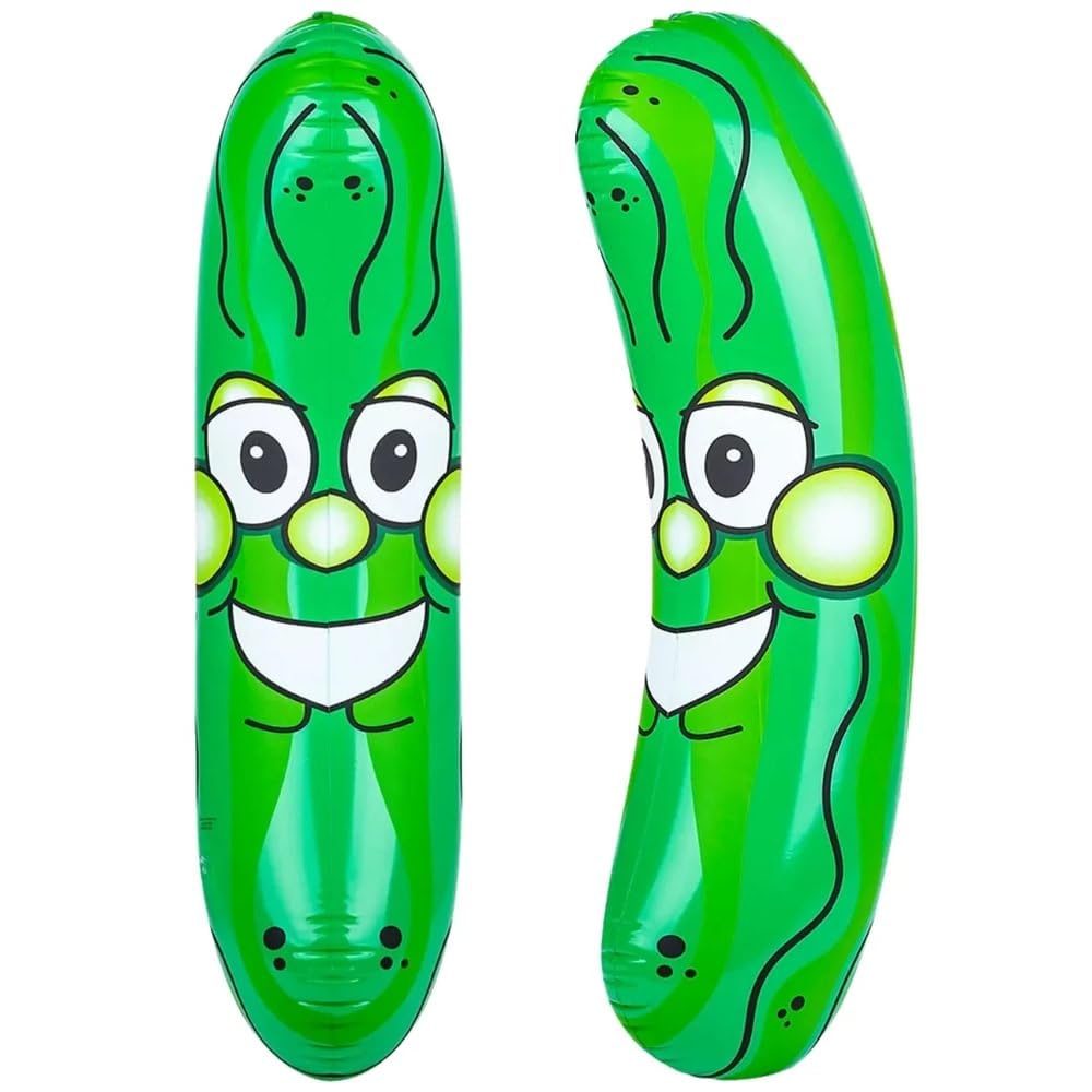 Rhode Island Novelty giant pickle bouncing at a sunny poolside gathering.