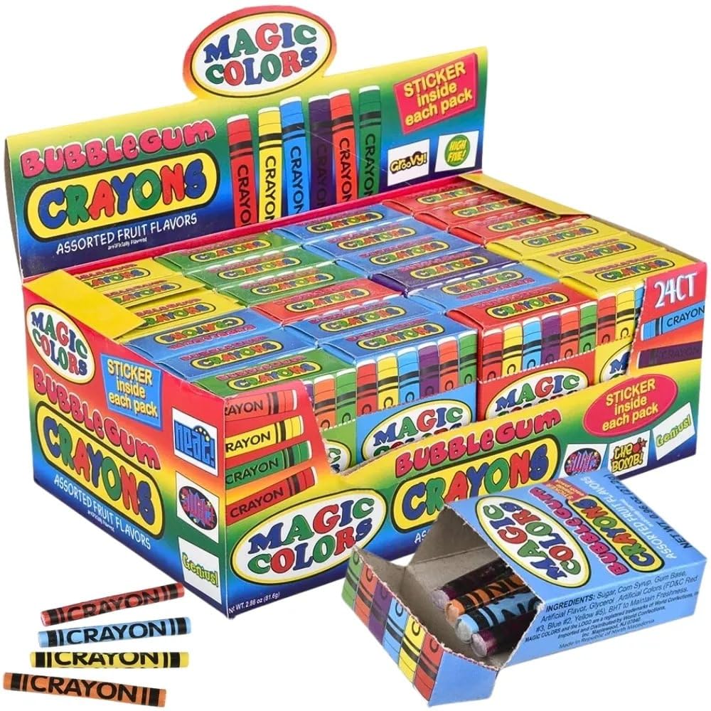 Rhode Island Novelty Magic Colors bubble gum crayons 24-pack on box front for vibrant creative play.