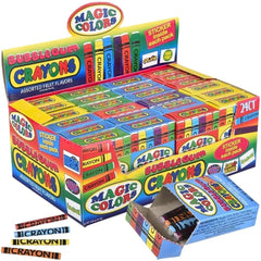 Rhode Island Novelty Magic Colors bubble gum crayons 24-pack on box front for vibrant creative play.