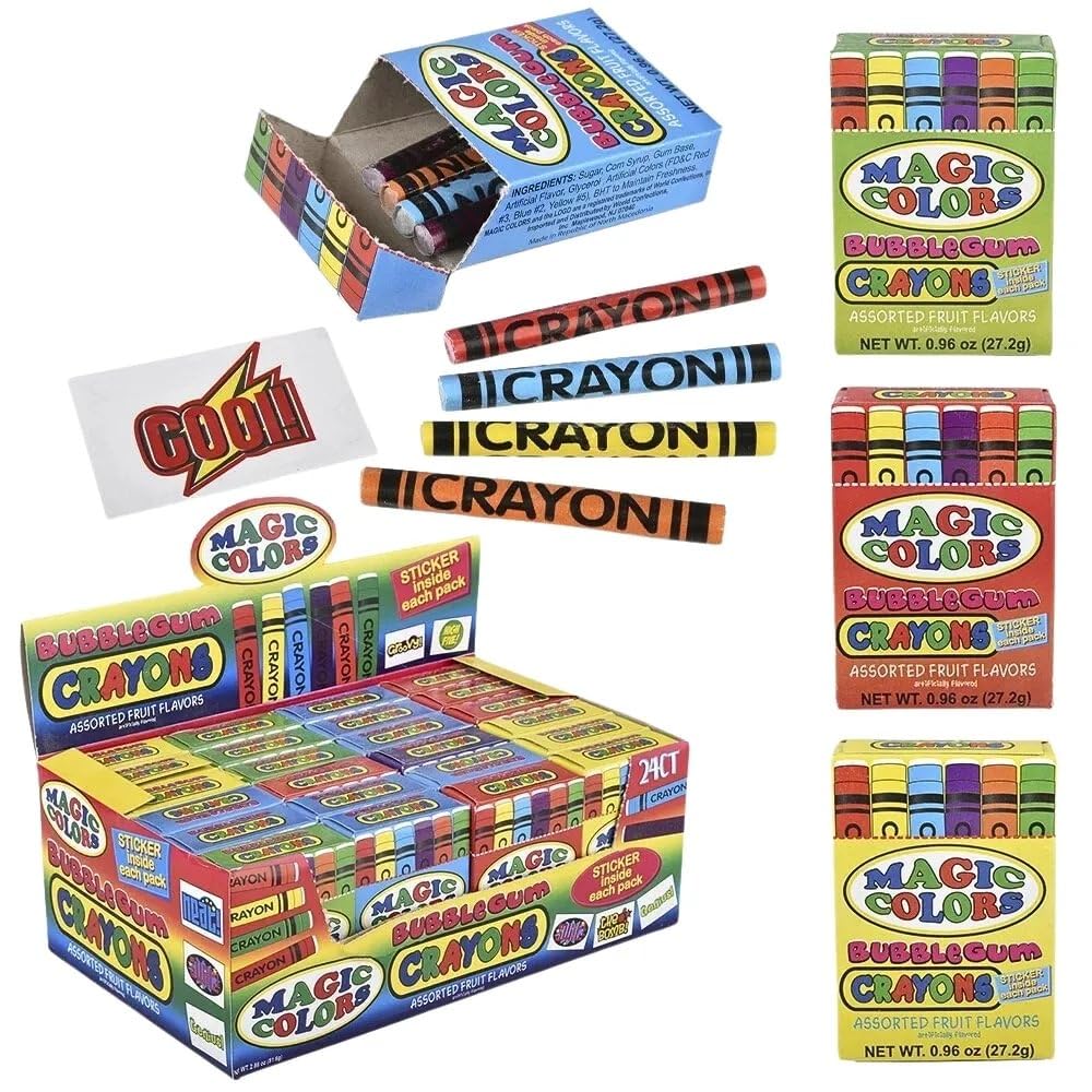 Rhode Island Novelty Magic Colors bubble gum crayons 24-pack crayons fanned display reveals vibrant hues.