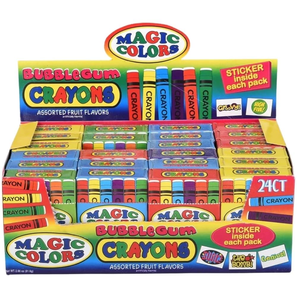 Rhode Island Novelty Magic Colors bubble gum crayons 24-pack packaging detail shows safety labeling.