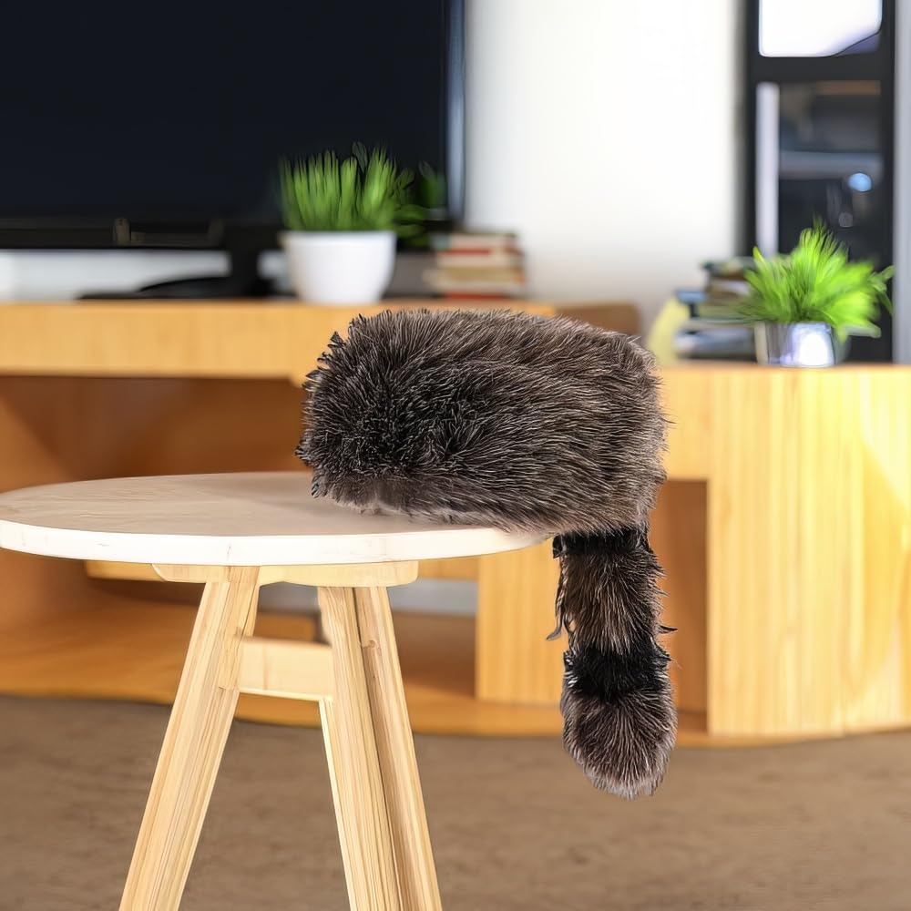 Rhode Island Novelty raccoon tail hat, back view, playful wildlife-inspired outfit accent.
