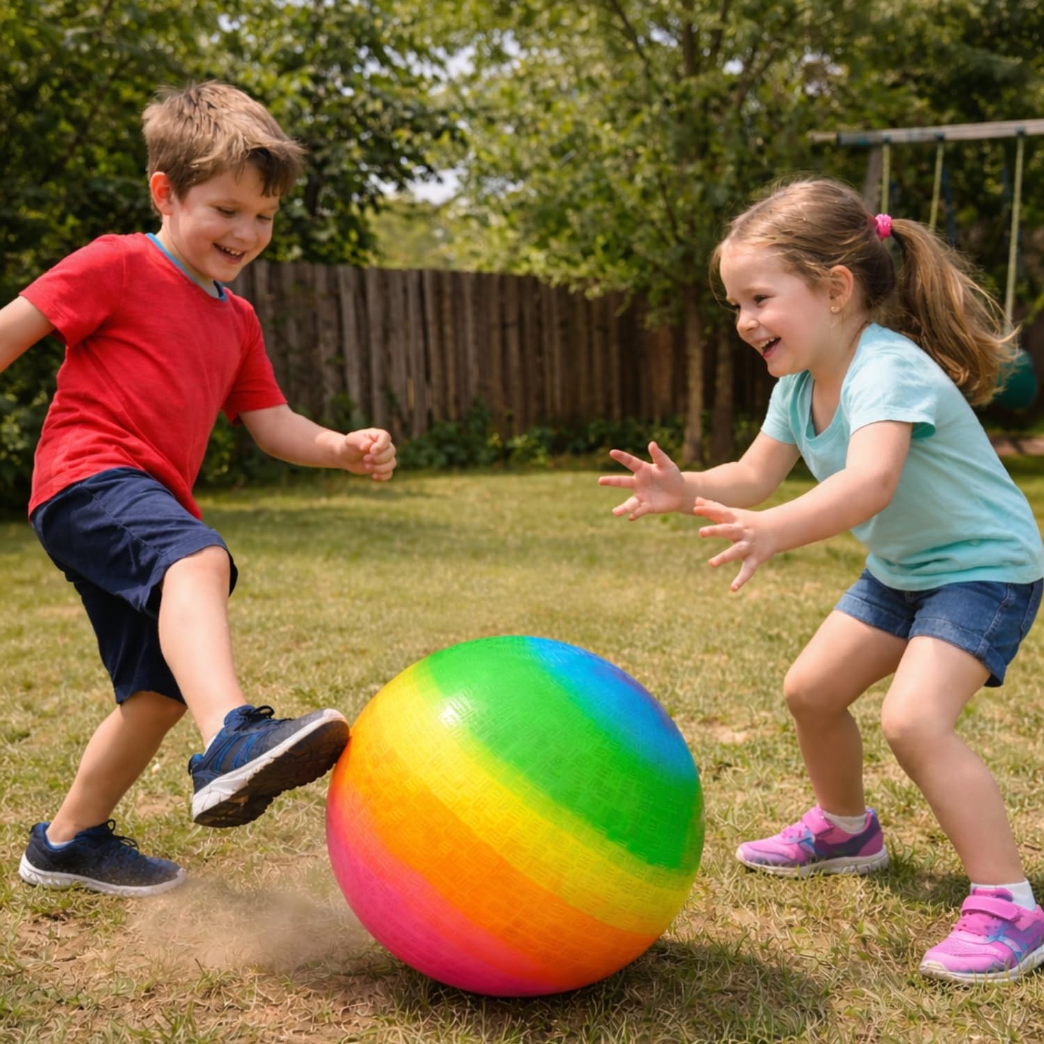 Rhode Island Novelty rainbow ball offers a durable surface for safe dodgeball.