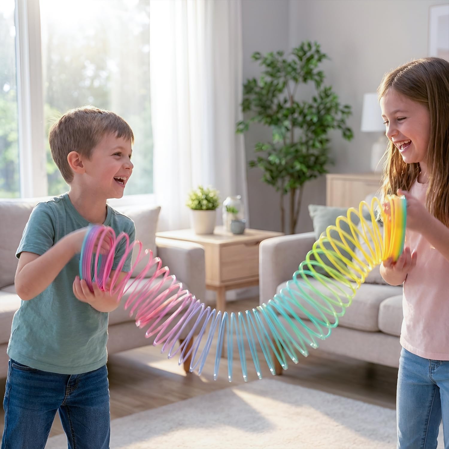 Rhode Island Novelty rainbow jumbo coil spring cascading down stairs demonstration