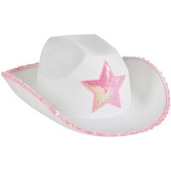 Rhode Island Novelty white felt cowgirl hat with pink star and sequin rim for party costumes.