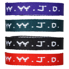 Rhode Island Novelty WWJD bracelet features durable woven fabric for everyday use.