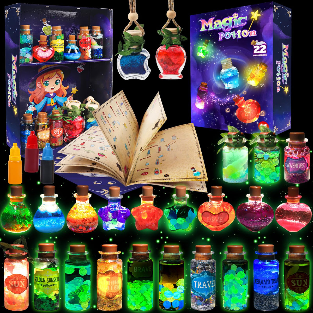 Rhybor Magic Potion Kit display box with glowing potions for imaginative play