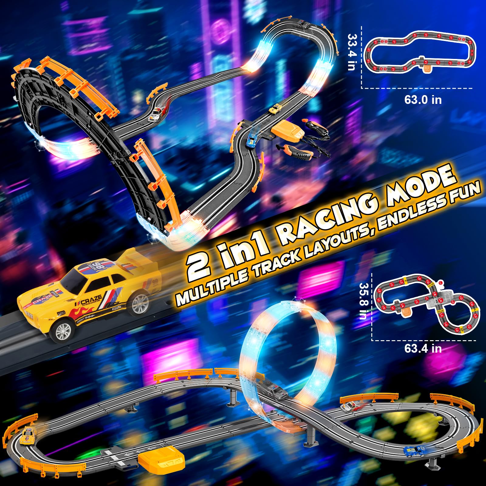 RIANEAN LED-illuminated slot track lanes for realistic nighttime racing