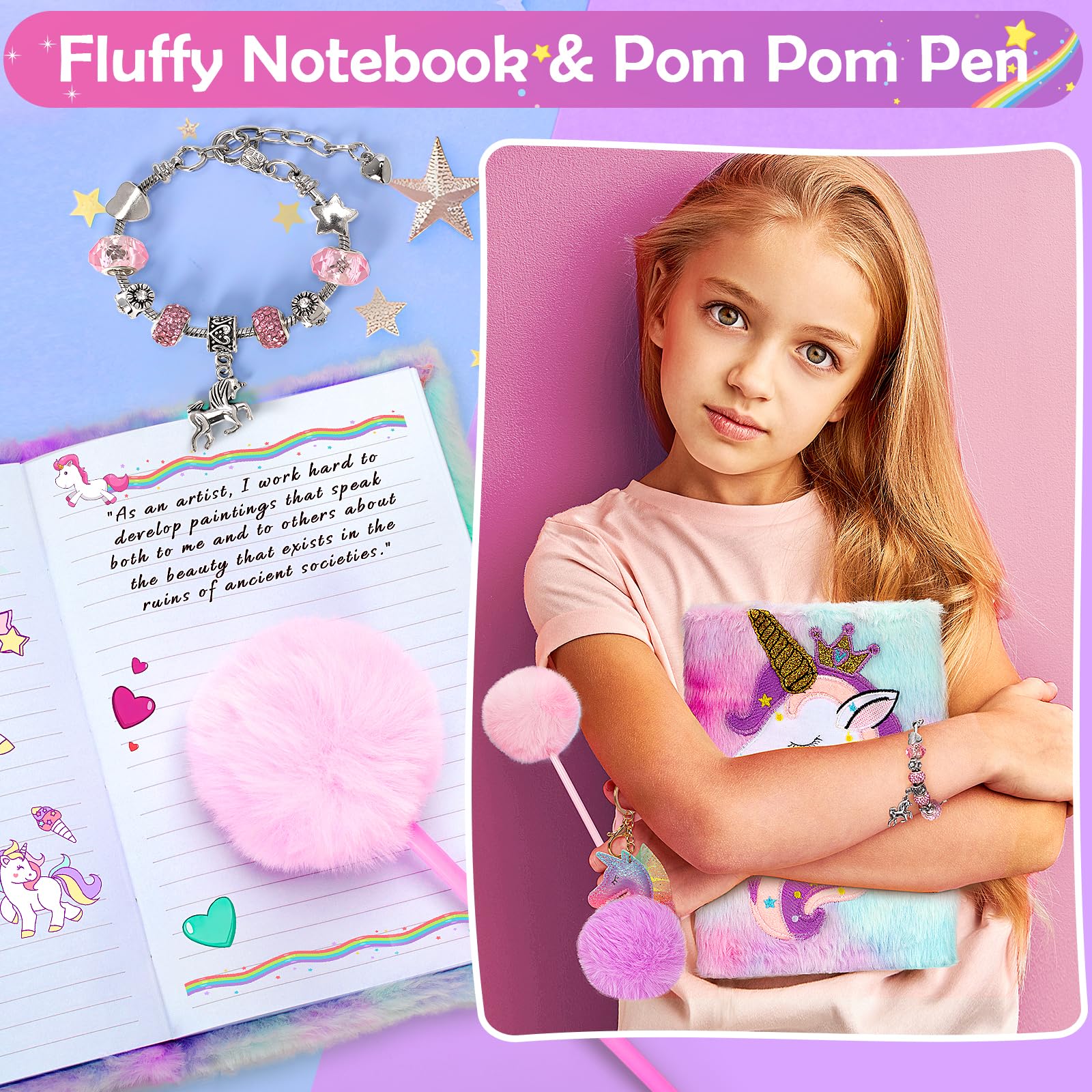 RIANEAN Unicorn Gifts diary notebook with fluffy pen for creative journaling.