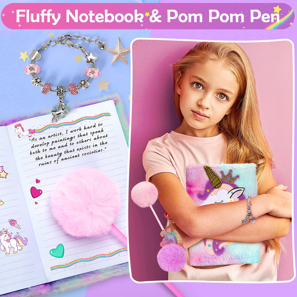 RIANEAN Unicorn Gifts diary notebook with fluffy pen for creative journaling.