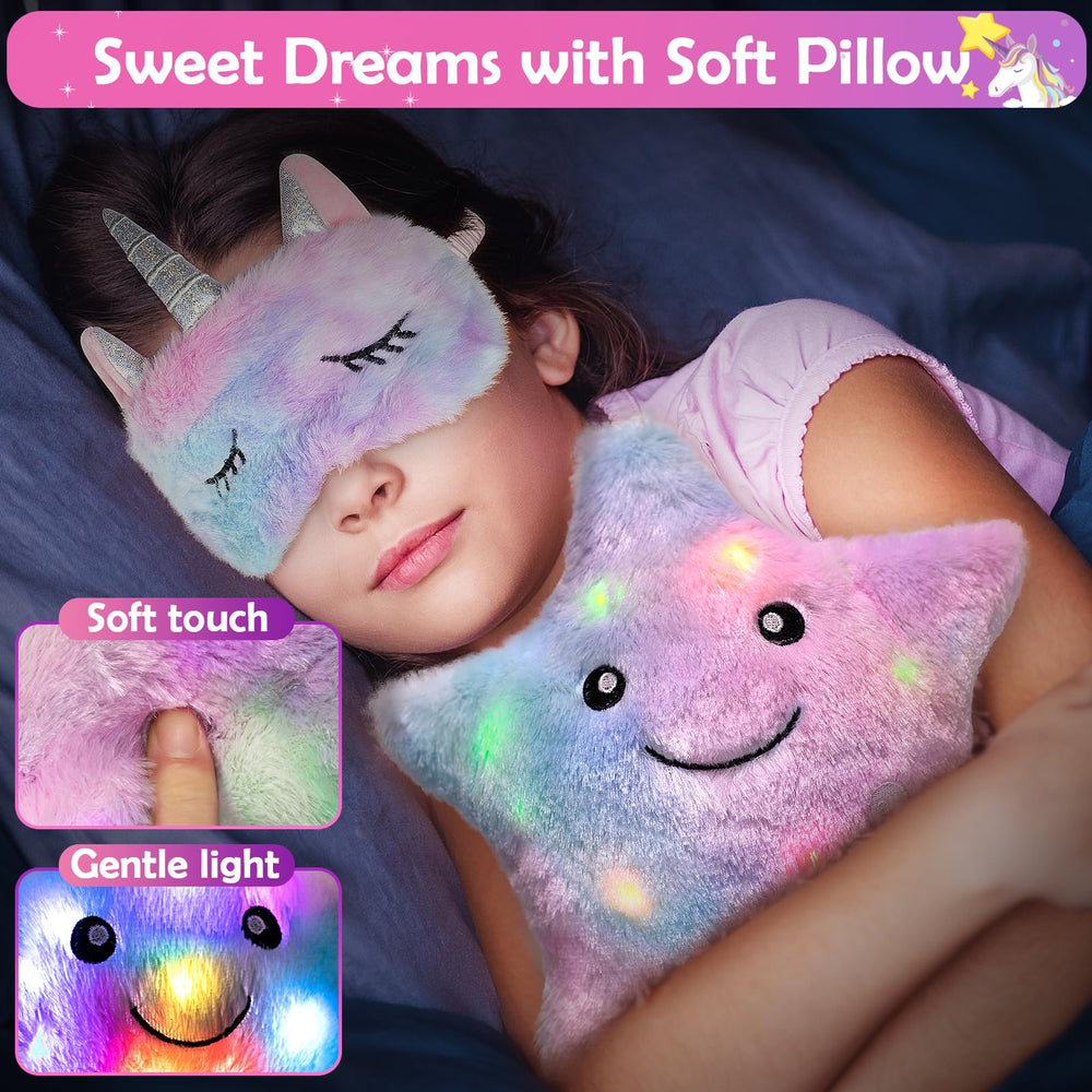 RIANEAN Unicorn Gifts star pillow with LED lights creates soft night ambiance.