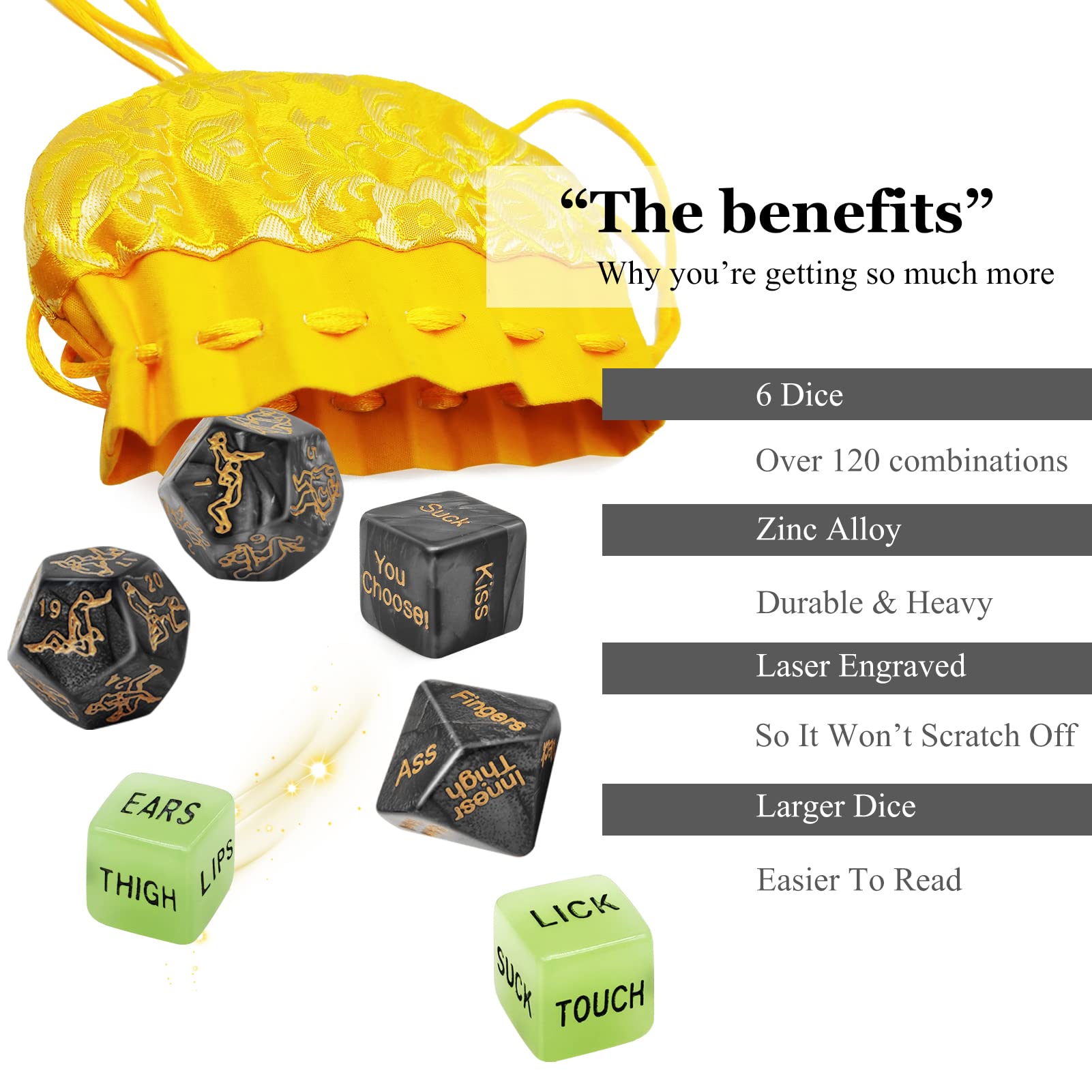 Ribbonvet dice in black-gray with gold pattern.
