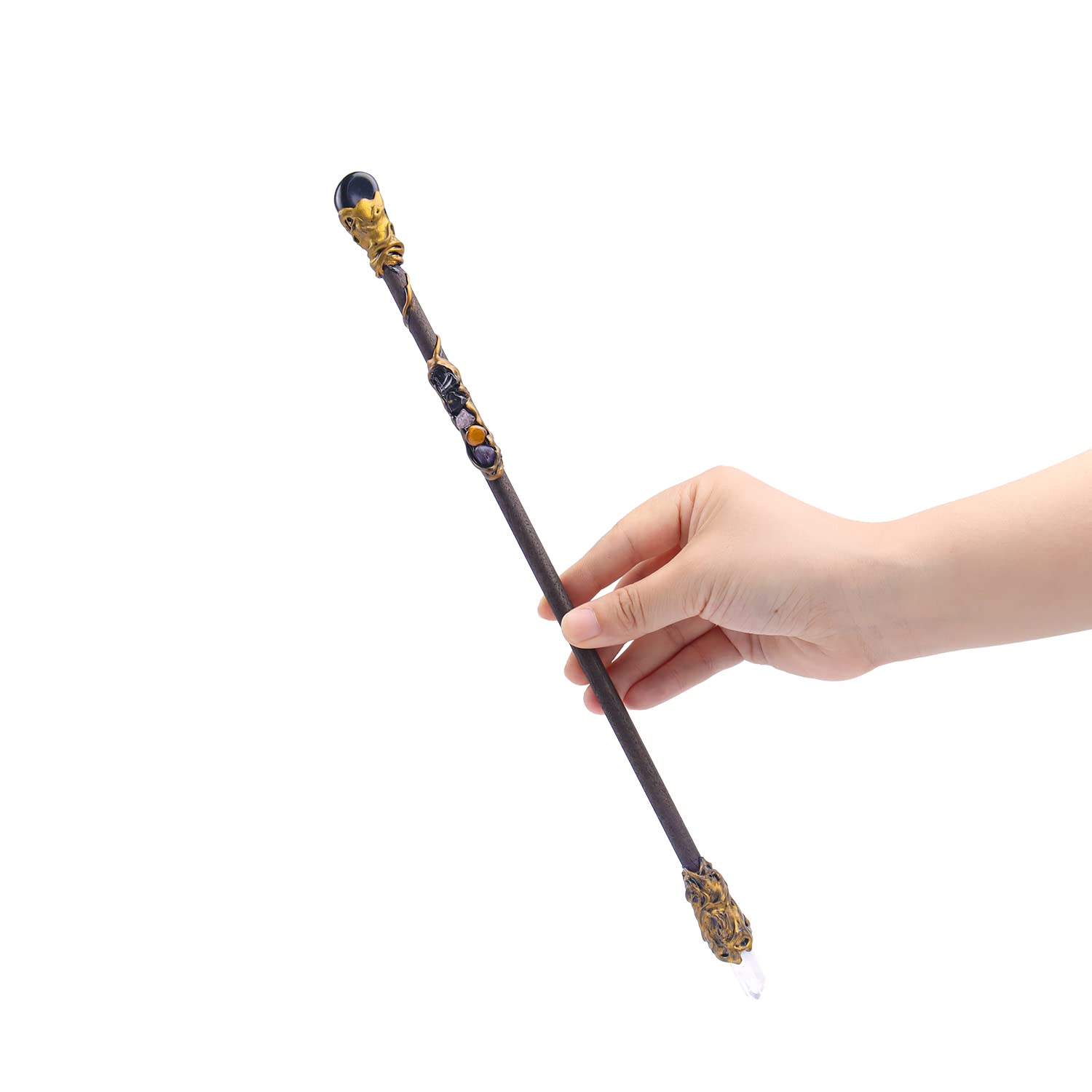 Rich Boxer crystal magic wand with wooden handle for spellcasting ambiance.
