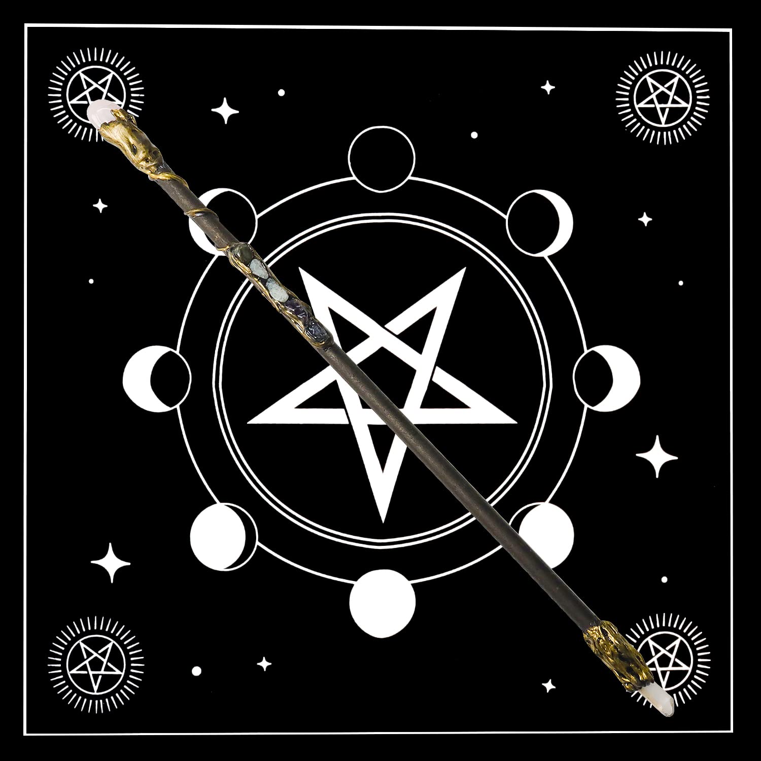Rich Boxer crystal wand on display highlighting wood and gemstone fusion