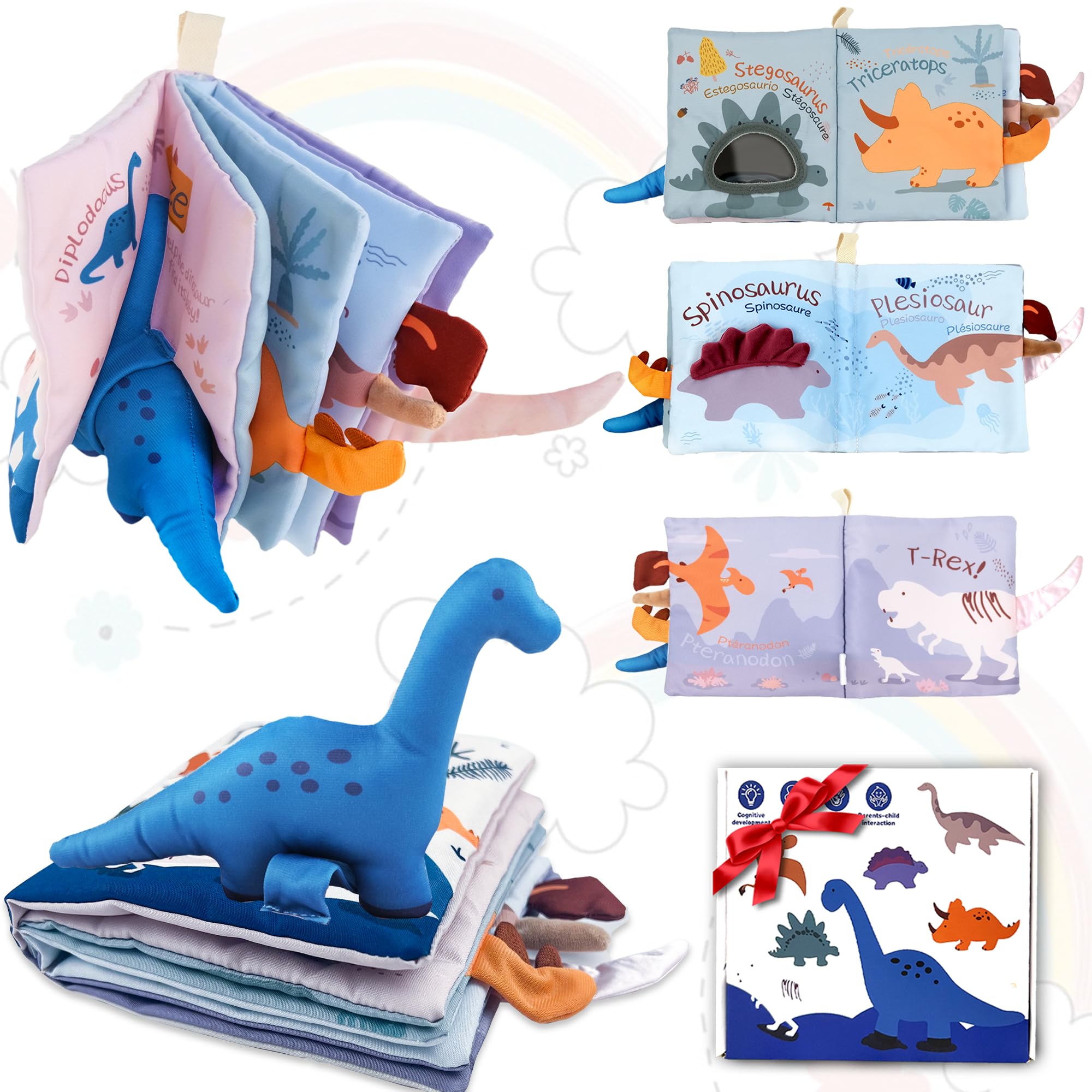 Richgv baby book with dino doll for on-the-go tactile exploration