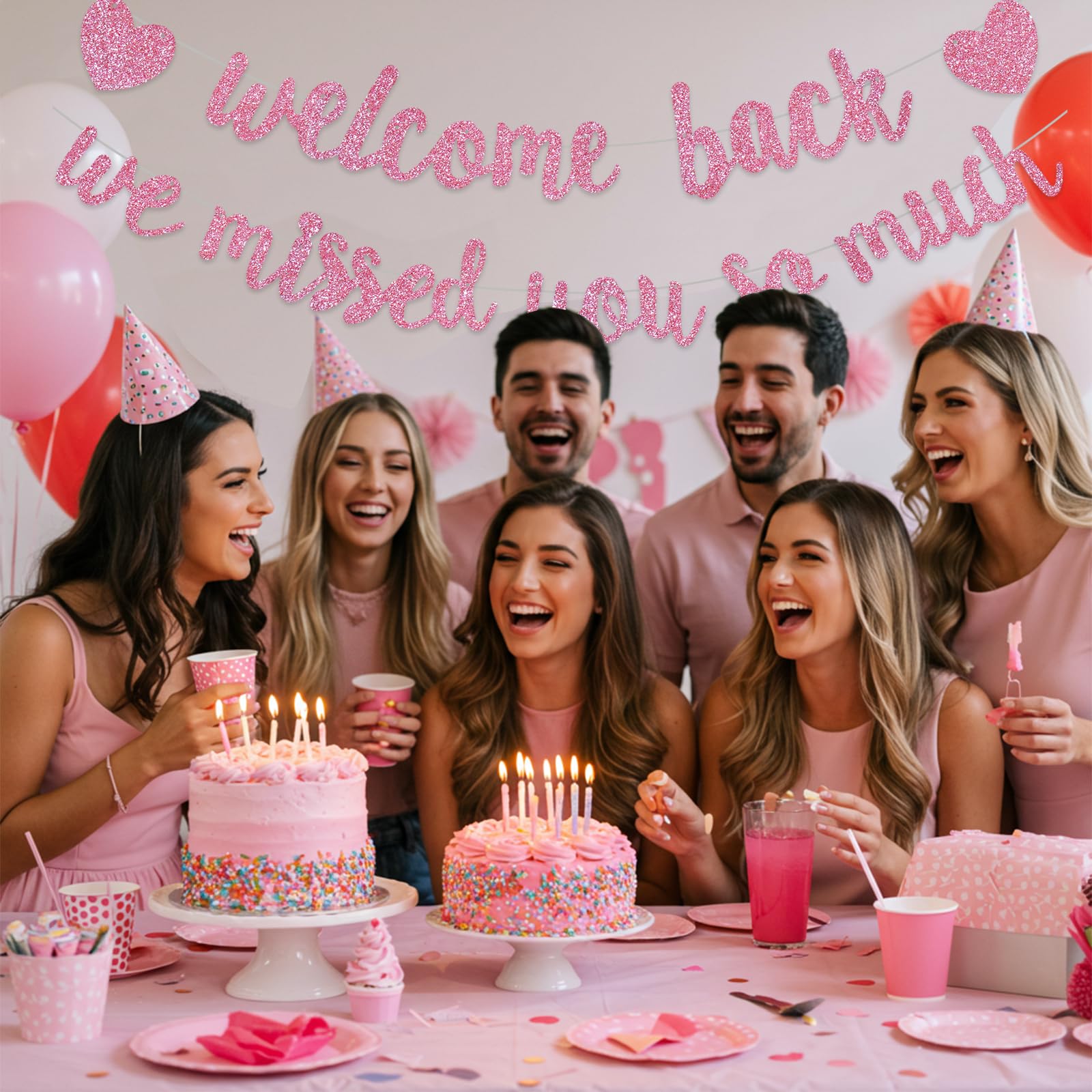 RICHHHA Glitter Pink Welcome Back banner used to decorate dessert tables and photo areas.