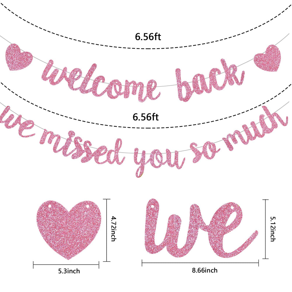RICHHHA Glitter Pink Welcome Back banner displayed indoors as a warm party backdrop.
