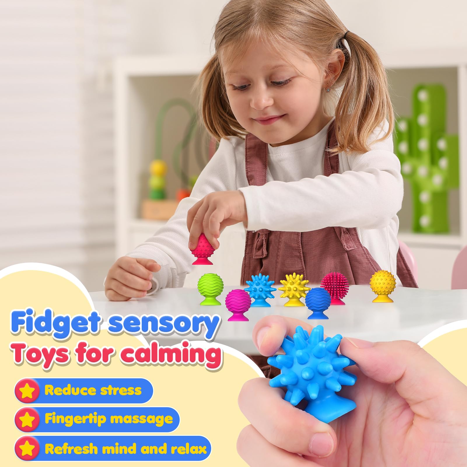 Richtim textured suction toys rainbow colors close-up, engaging visuals for classroom use.