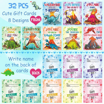 Ricluck dinosaur cards feature eight patterns for engaging valentines.