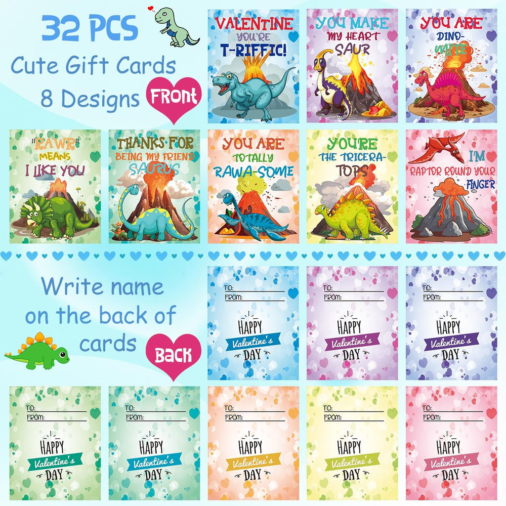 Ricluck dinosaur cards feature eight patterns for engaging valentines.